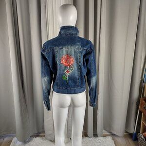 Miss Lili Womens Distressed Customized Cotton Blend Blue Denim Jean Jacket Sz L